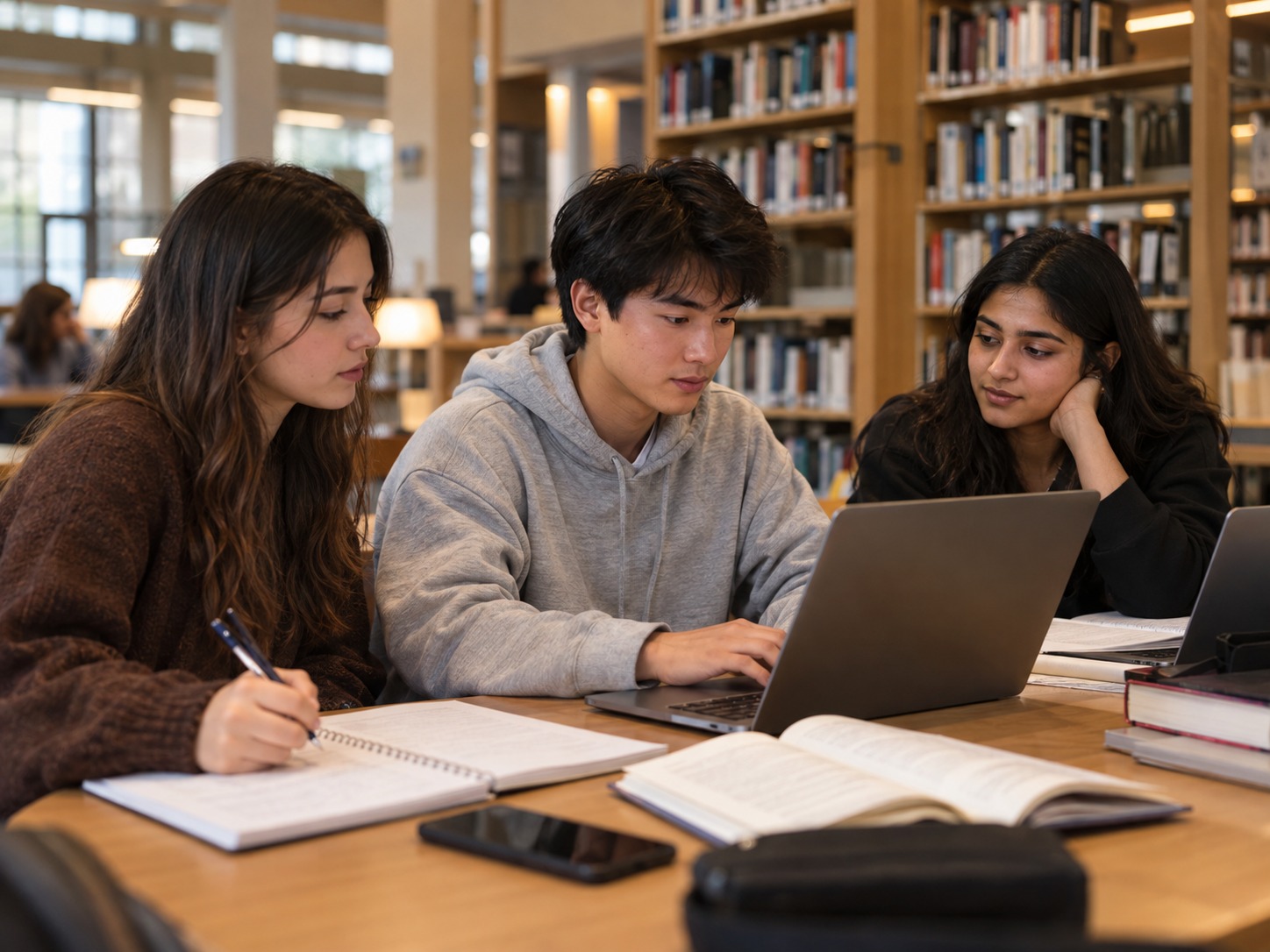 Students studying together with laptops and books in a library