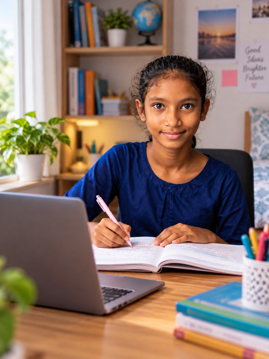 Student studying at home with a laptop, notebook, and books